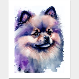 Cute Pomeranian Dog Watercolor with Purple Ink Accents Posters and Art